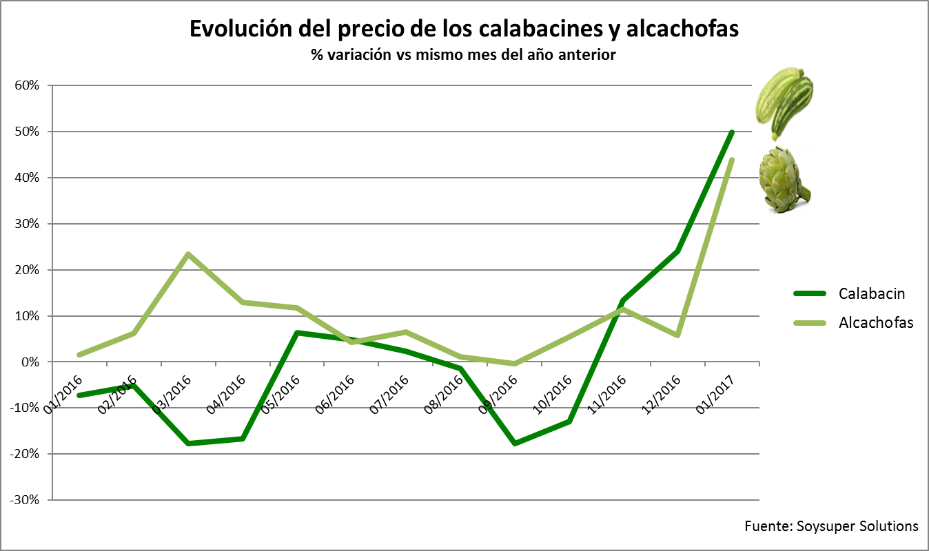 El precio del calabacín y de la alcachofa se dispara más de un 40% en enero